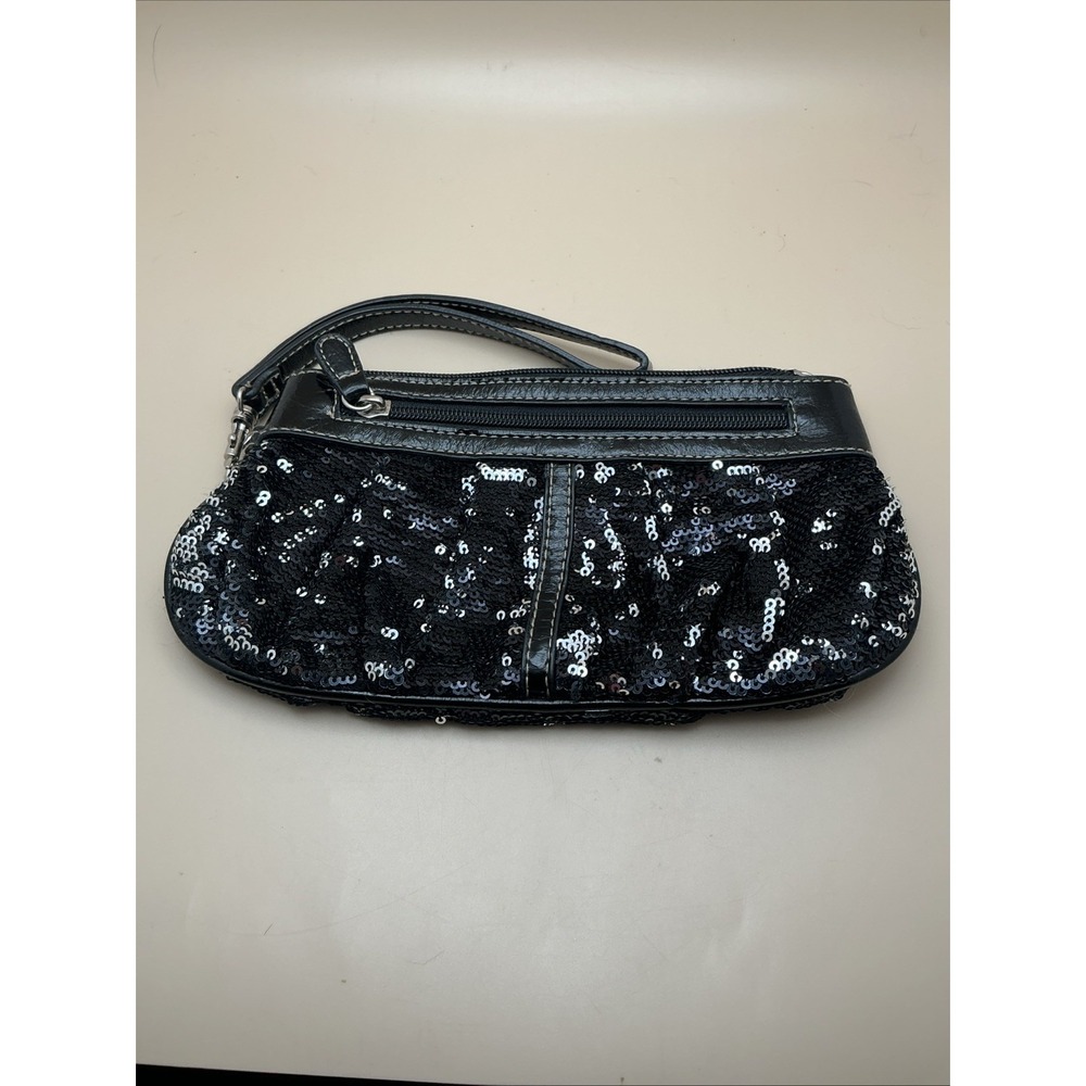 Black Leather Clutch Wristlet Purse Handbag Small Sparkle Sequins Side Zip‎